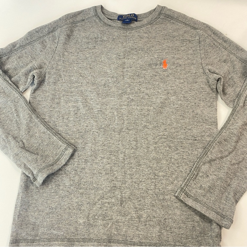 Polo Ralph Lauren Boys Sz Medium 10-12 Gray Cotton Blend Long Sleeve Waffle Knit
